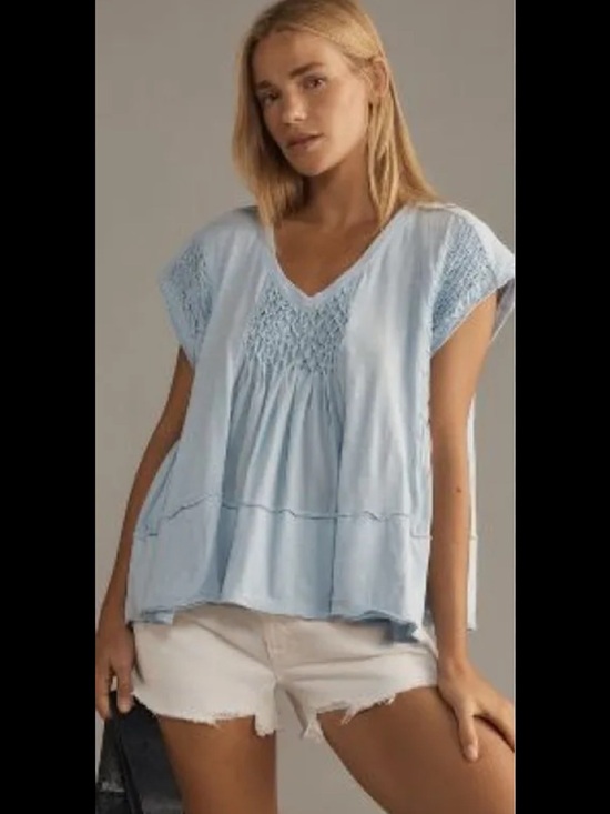 Anthropologie Tops - Anthropologie Pale Blue Swing Tee Smocked V-Neck Blouse Cotton XL